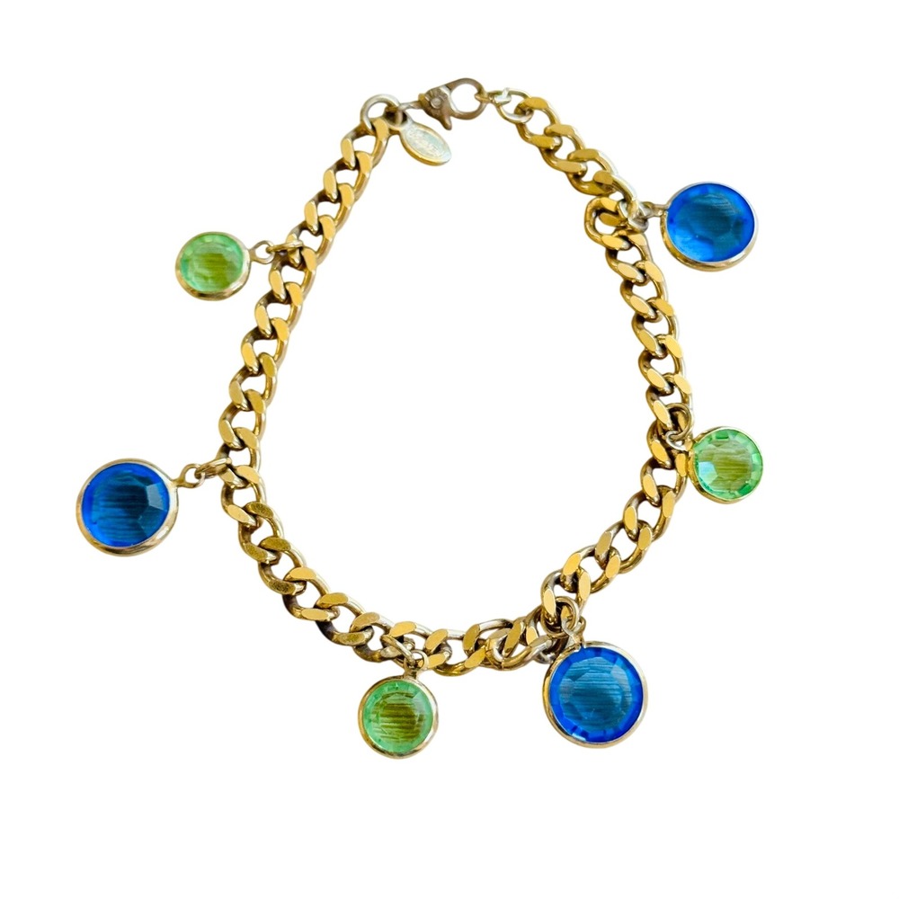 VTG Monet Charm Bracelet Open Bezel Blue Green Crystal Dangle Gold Plated Chain